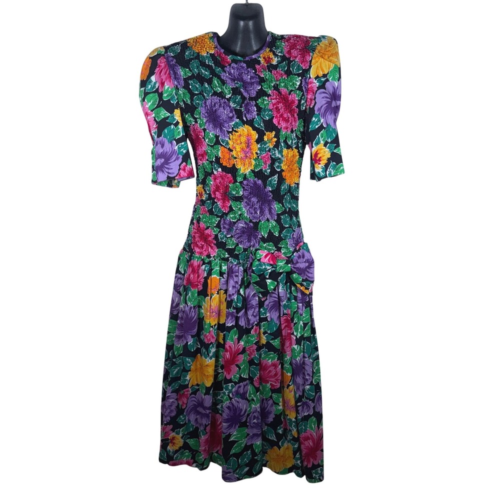 David Mitchell Floral Smocked Midi Tea Dress 7/8 Vtg 80s Party Puff Sleeve HCO